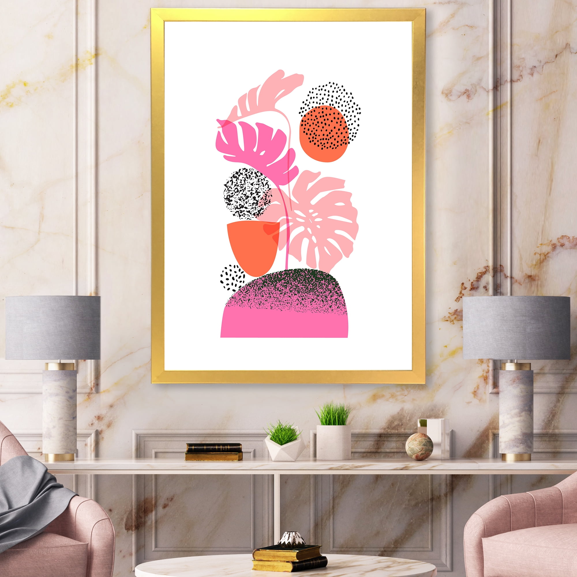 Designart 'Geometric Sun and Moon Shapes With Tropical Leaves' Modern Framed Art Print