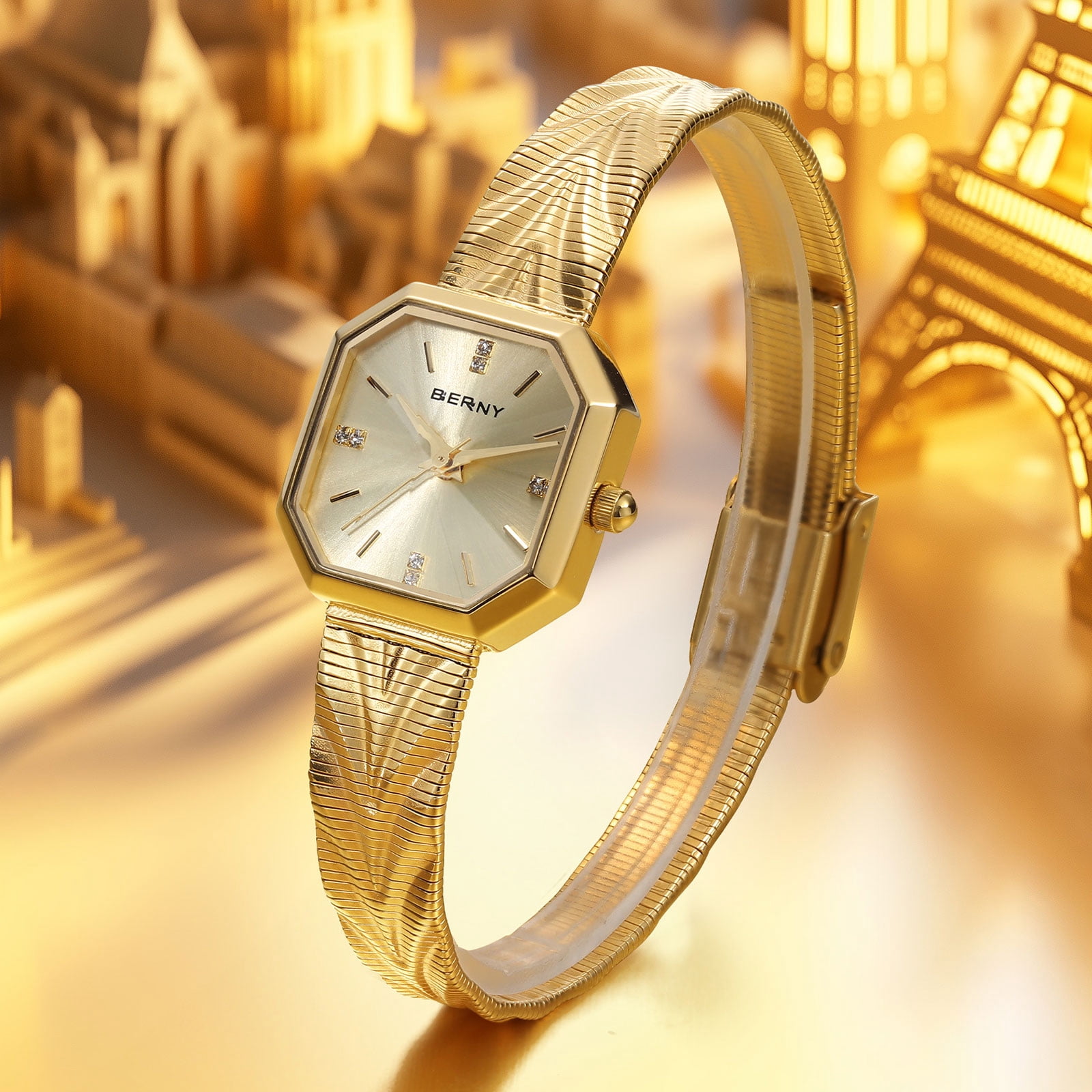 BERNY Small Gold Watches for Women, Dainty Luxury Diamond Dial, Stainless Steel Bracelet Watch, Fashion Ladies Analog Quartz Watch, Minimalist Waterproof Womens Wristwatch Gifts (Gold)