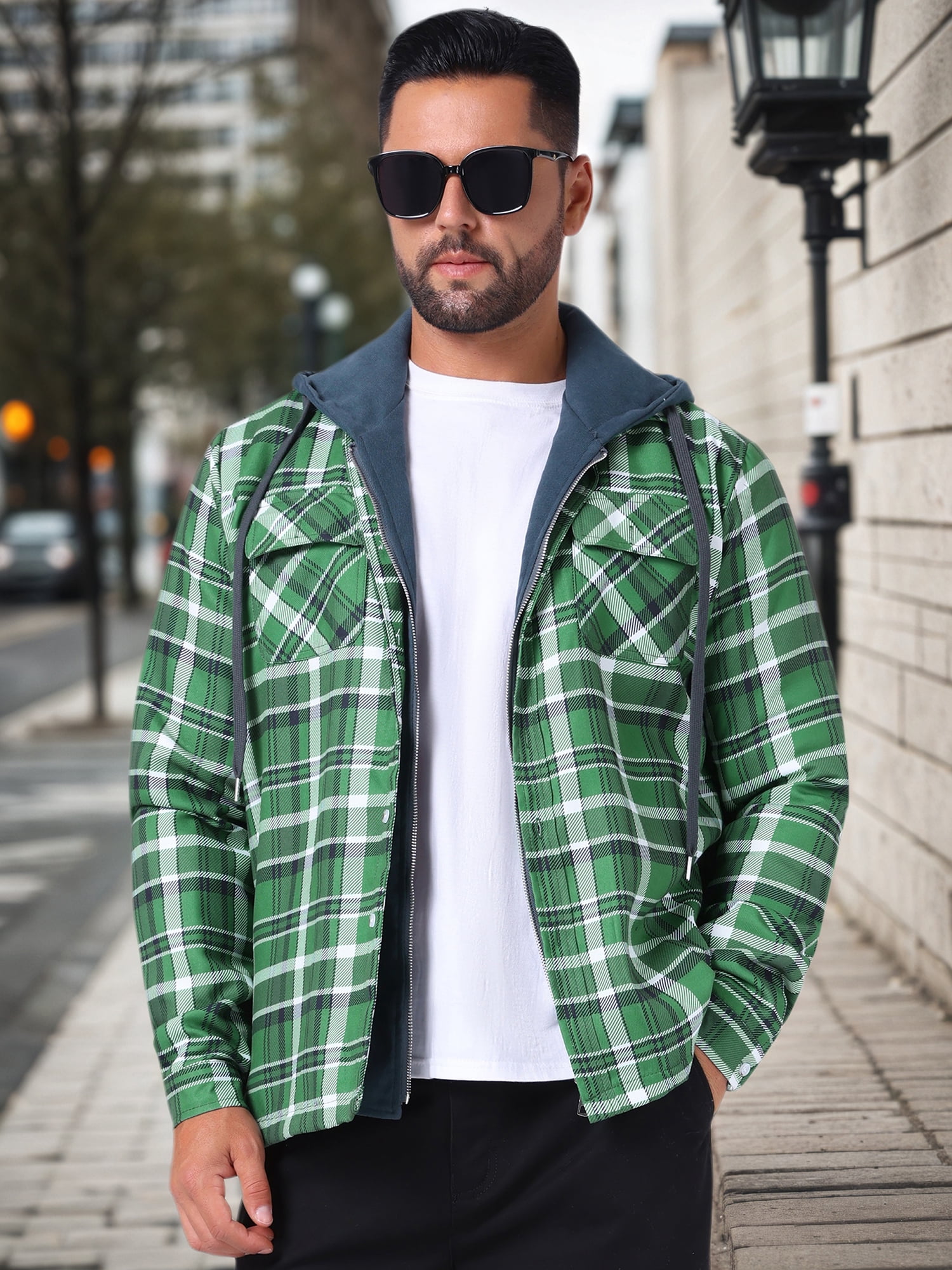 DARING DIVA Shirt Jacket Drawstring Hooded Plaid Shacket M Dark Green