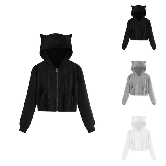 Cat Ear Hoodies for Women 2025 Long Sleeve Zip Up Cropped Cute Hoodie with Pockets Hooded Sweatshirt Women Jacket