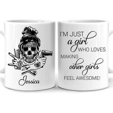 

Personalized Gifts for Hairdresser Barber Hair Stylist - Birthday Christmas - Just A Girl Who Loves Making Other Girls Feel Awesome Custom Name 11oz White Ceramic Coffee Tea Mug for Women