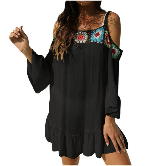 RQYYD Women's Crochet Beach Cover Up Square Neck Long Sleeve Cold Shoulder Bathing Suit Dress Hollow Out Swimwear Coverups