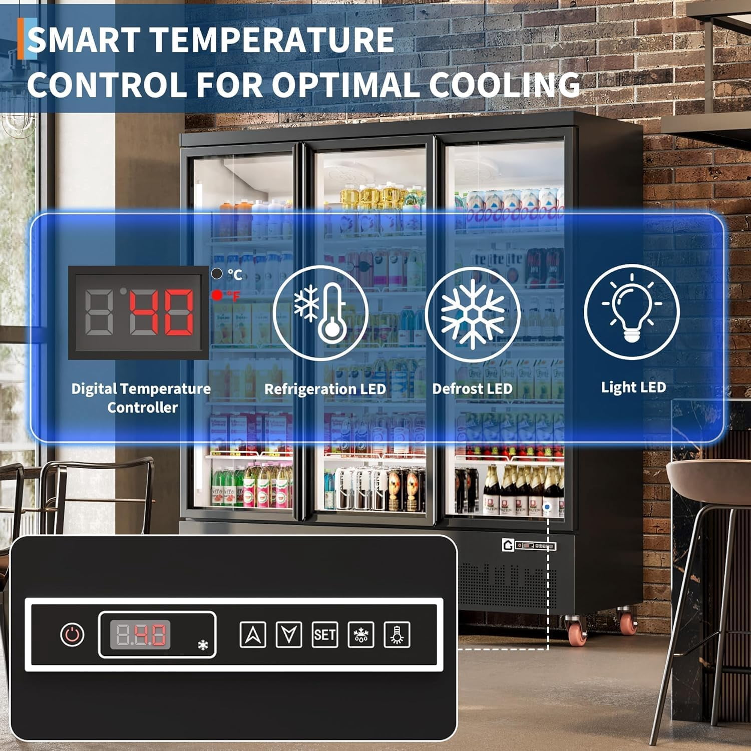 IdealHouse 56.6 Cu.Ft. Commercial Beverage Refrigerator - 3 Glass Door Merchandiser Cooler with LED Lighting, Adjustable Shelves | Upright Drink Display Fridge for Restaurants, Stores, Supermarkets