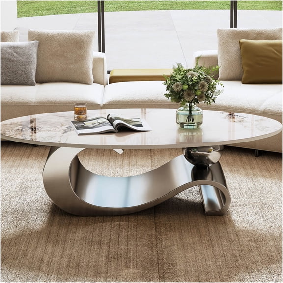 Modern Oval Faux Marble Coffee Table with Gray Stainless Steel Base, Contemporary Center Table for Living Room