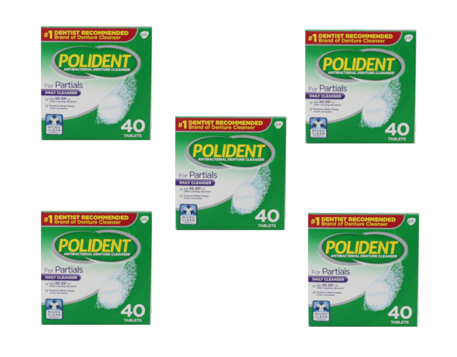 5 Pack Polident Partials, Antibacterial Denture Cleanser 40 Each