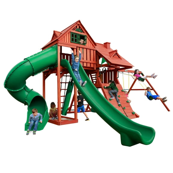 Gorilla Playsets Sun Palace Deluxe Wooden Swing Set with 2 Slides, Punching Bag, and Tire Swing