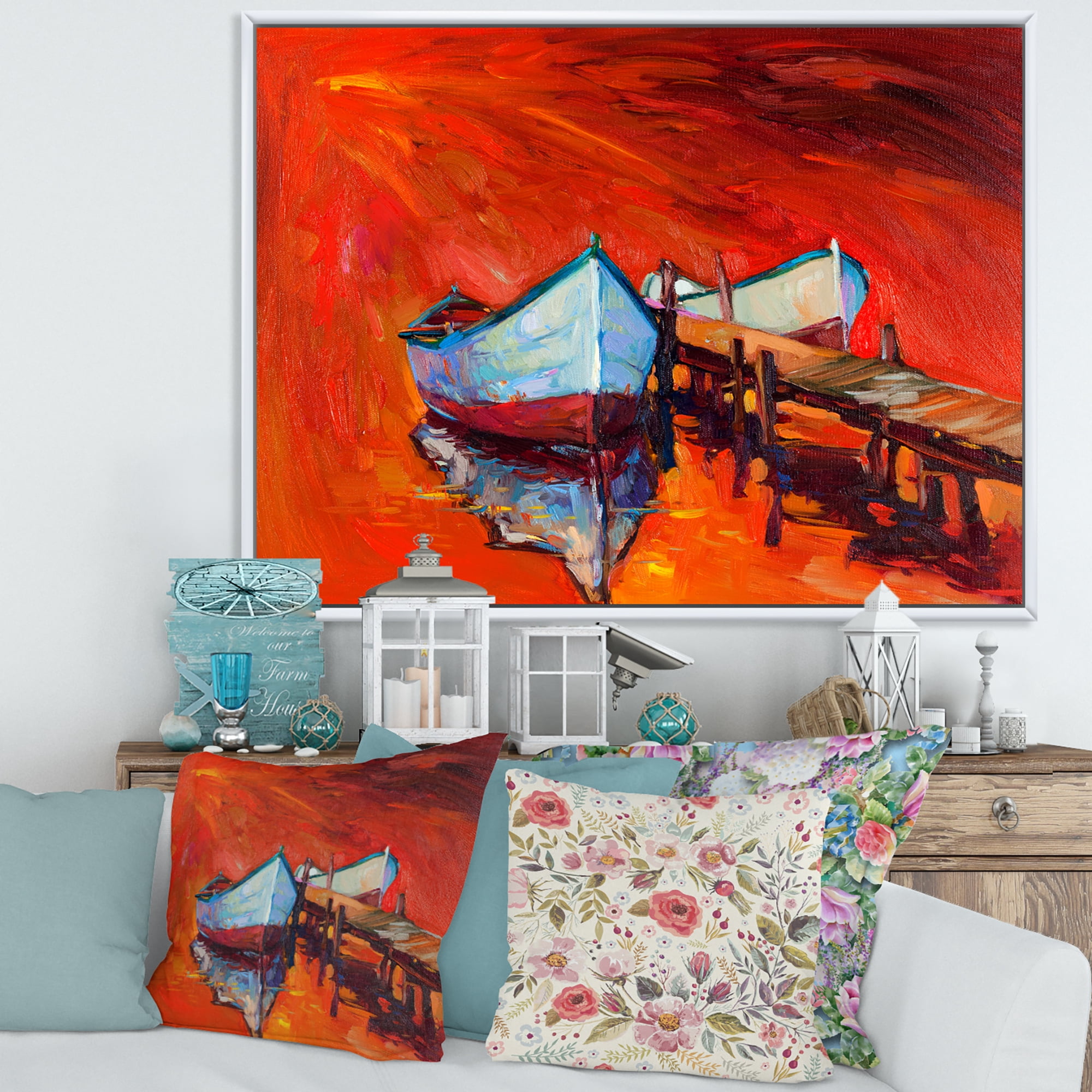 Designart 'Boats Near Coastal Town Resting On The Water IV' Nautical & Coastal Framed Canvas Wall Art Print