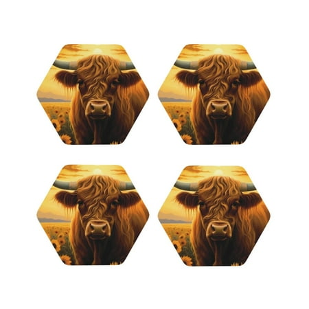 

Coasters Set of 4 - Sunset Sunflower Cow A Drink Coasters for Tabletop Protection Leather Coasters for Living Room Decor and Housewarming Gift Hexagon