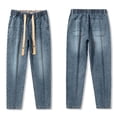 thumbnail image 5 of YLSDY Men's Roll Cuff Elastic Waist Jeans, Drawstring Design, Relaxed Fit Casual Daily Denim Pants Navy L, 5 of 9