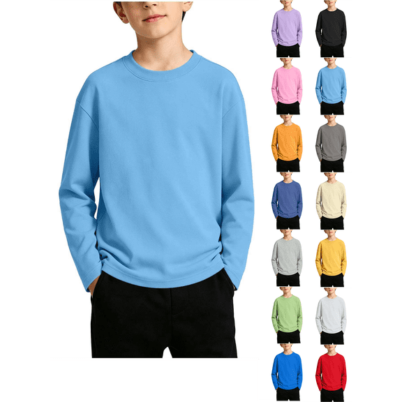 Boys Sweatshirts Nelozsy Big Kids Round Neck Long‑Sleeve Casual Pullover Base Top, Solid Color Sky Blue 5-6 Years