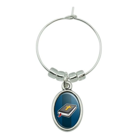 Bible with Cross Christian Religious Wine Glass Oval Charm Drink Marker