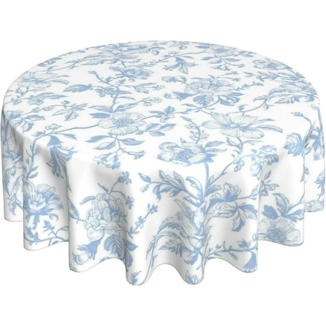 Baby Blue Floral Tablecloth Round 70 Inch Light Blue Chinoiserie Vintage Flower Table Cloth Stain Resistance Polyester Spring Summer Table Covers for Kitchen Dining Outdoor Party Picnic