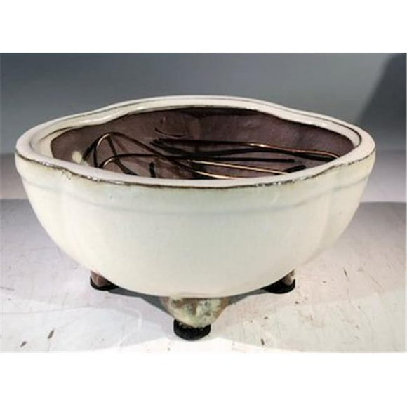 Ceramic Bonsai Pot, Beige - Lotus Shaped