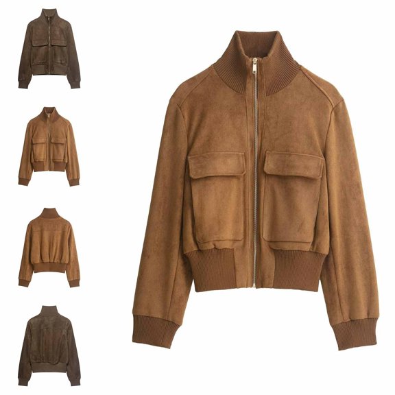 WLOMHUW Womens Cropped Jakcets Suede Bomber Jacket with Stand Collar Zip Up Short Coat with Pockets