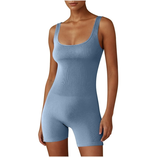 Timegard Bodysuit for Women Slim Workout Yoga Rompers Square Neck Sleeveless Short Jumpsuits Athletic