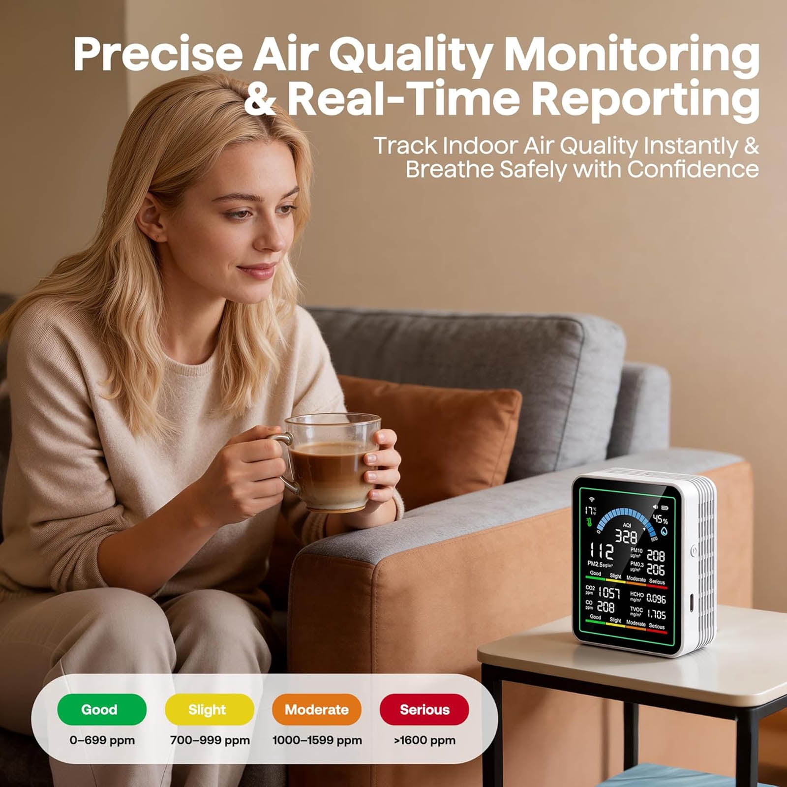 Hotel Indoor Air Quality Monitor 10 in 1 Portable Smart Tester CO2 CO TVOC HCHO PM0.3 1 AQI Humidity
