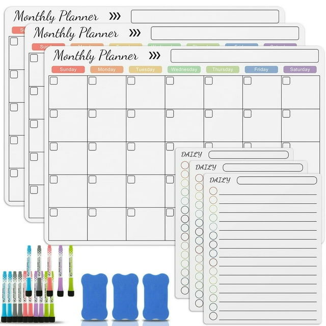 OUSITAID 24 Pcs Calendrier Magnétique Effaçable à Sec 16.5x11.8 Pouces Réfrigérateur Réutilisable Planificateur Mensuel Tableau Blanc Antidérapant Liste de Courses Magnétique avec 5 Stylos pour Maison