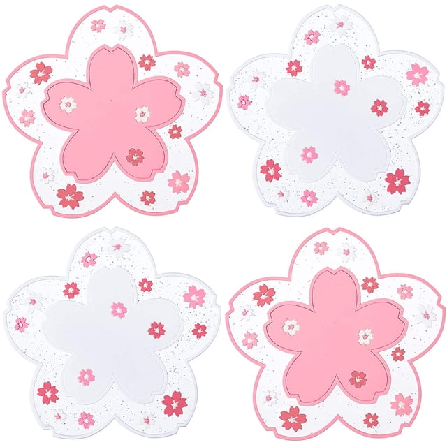 PVC Coaster Cherry Blossom Cup Coaster Anti-Skid Insulation Coaster for Beer, Coffee, Tableware Tea(S)
