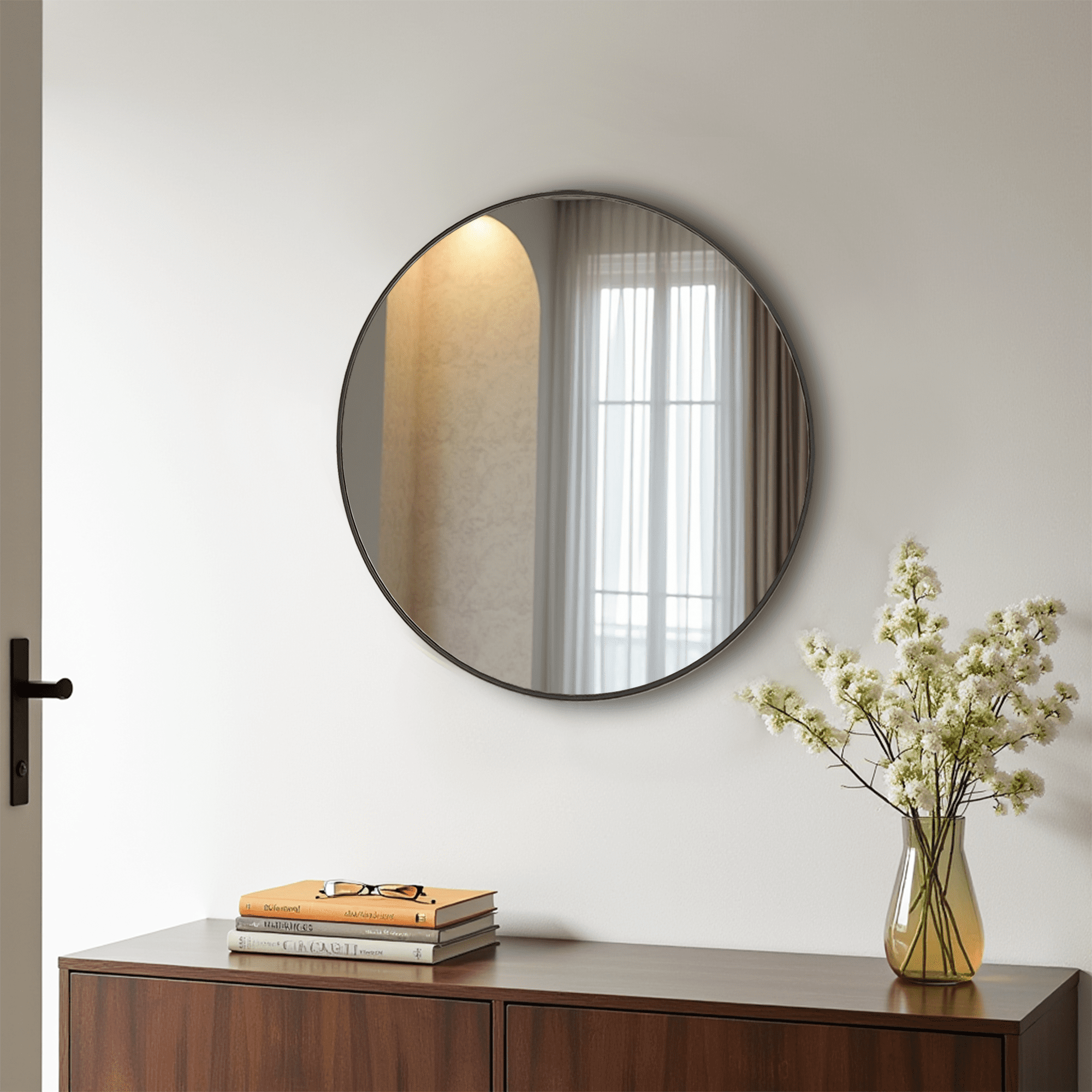 MAYEERTY 24" Round Wall Mirror - Aluminum Frame, Suitable for Vanity, Bathroom & Living Room, Black