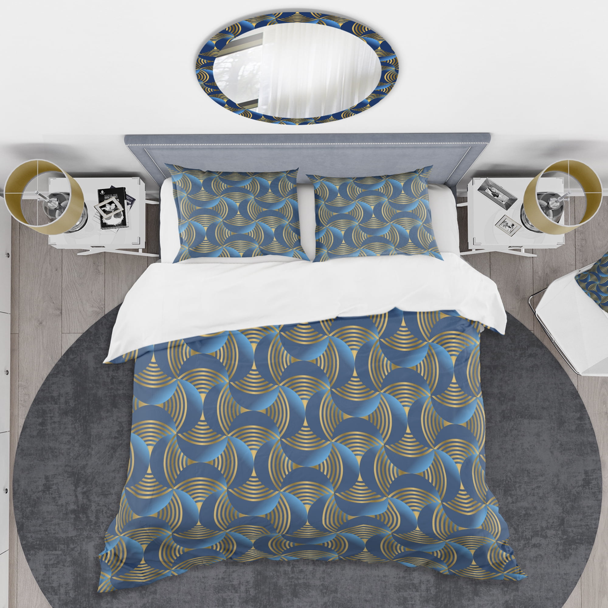Designart 'Geometric abstract waves in gold and marine blue' Mid-Century Modern Duvet Cover Set