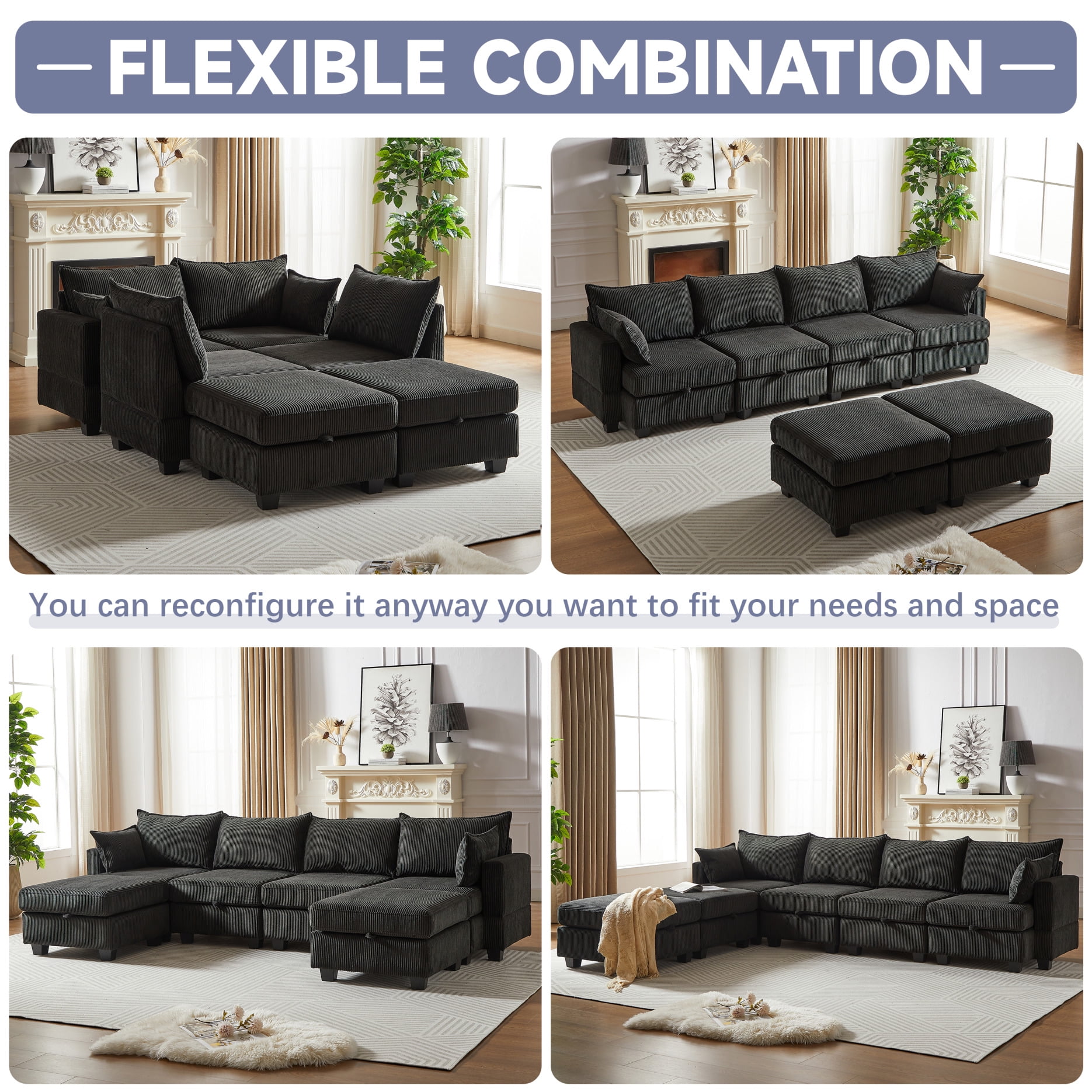 Oversized Modular Sectional Corduroy Sofa 6-Seat with