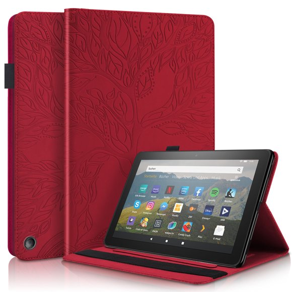 Tree of Life Embossed Case for Fire HD8(2022) Stand, Card Slots, Stylus Loop Red