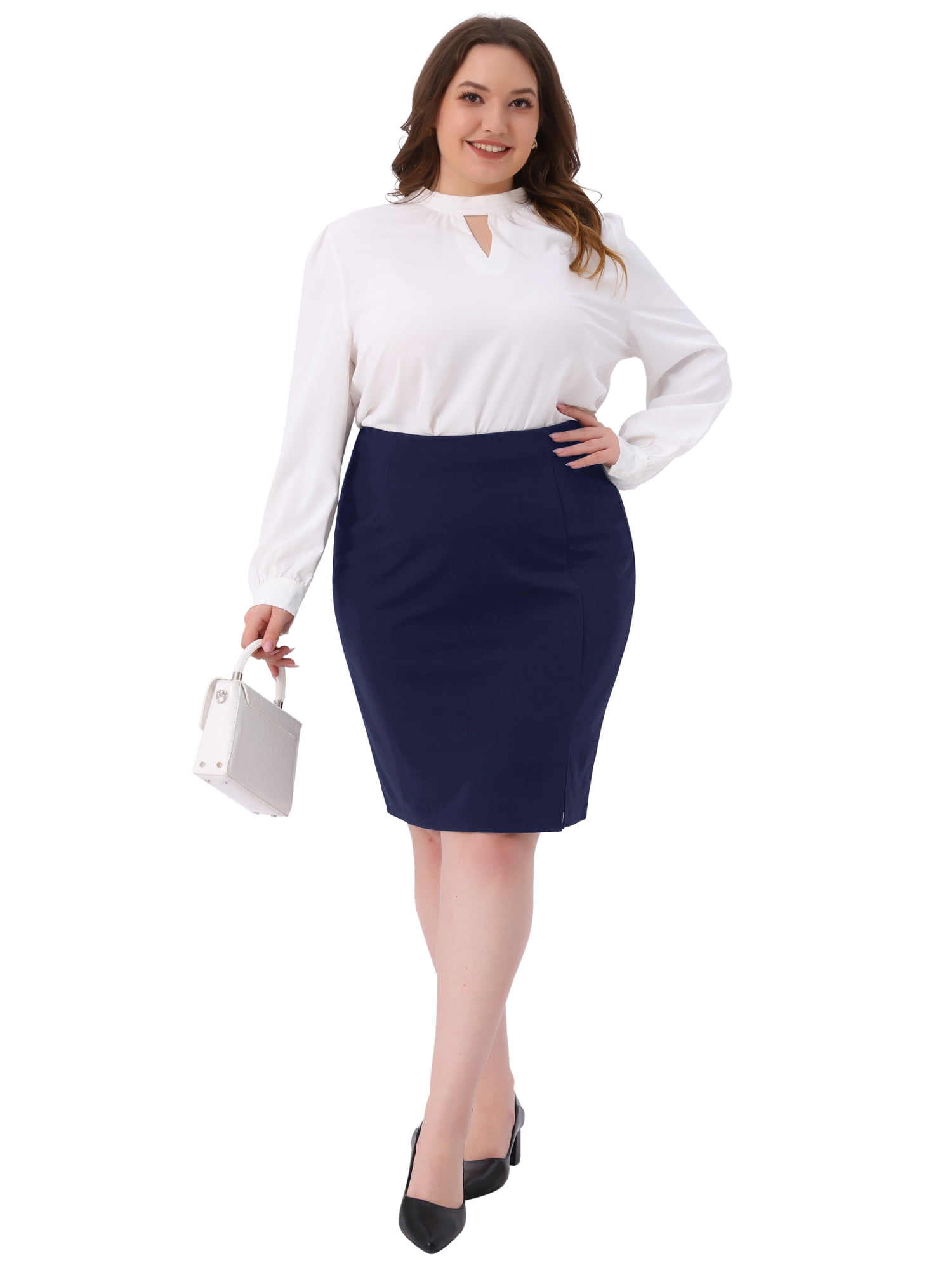 DARING DIVA Women's Plus Size Knee Length High Waisted Stretchy Skirt 2X Navy Blue