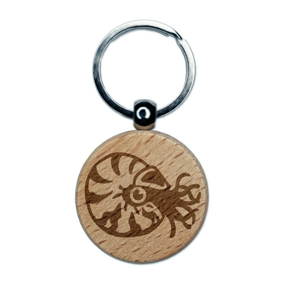Charming Chambered Nautilus Sea Ocean Creature Round Keychain Charm Tag - Engraved Wood