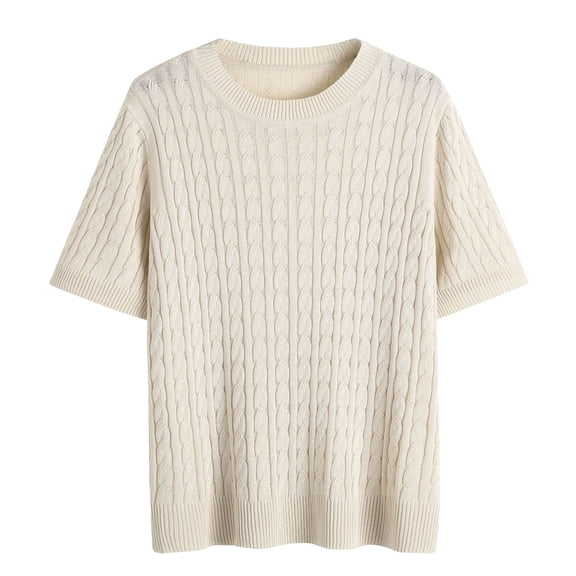 Sillenn Cable Knit Short Sleeve Sweaters for Women Plus Size Lightweight Soft Knit Crewneck Pullover Shirts Layering Cute Tops Trendy Business Causal Work Office Outfits Fall Travel Clothes Beige M