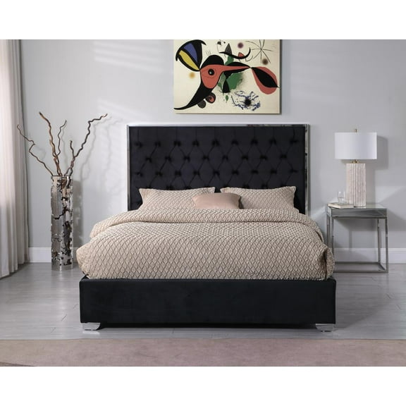 Kressa Velvet Fabric Tufted Queen Platform Bed in Black