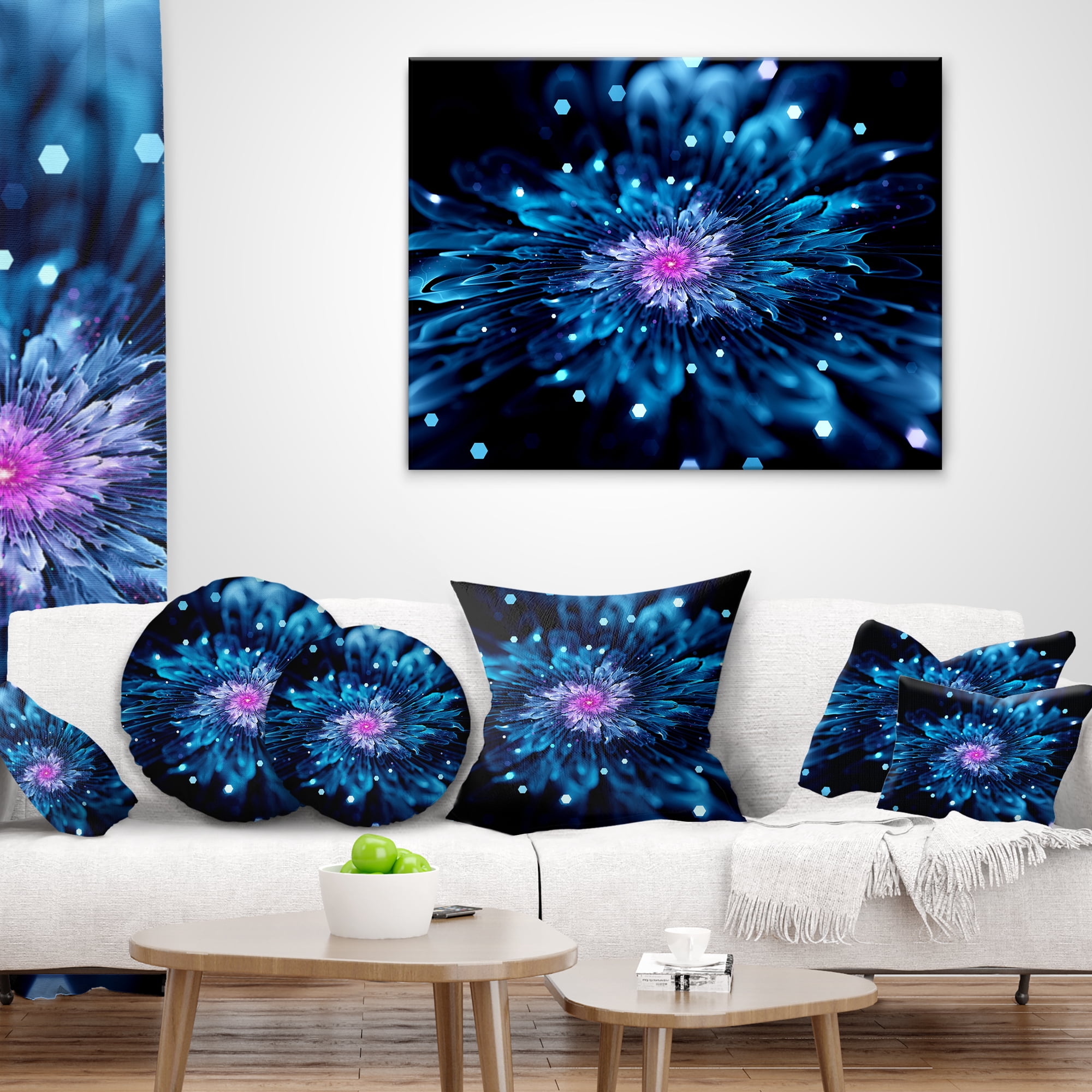 Designart Blue Fractal Flower with Shiny Particles - Flower Throw Pillow - 12x20