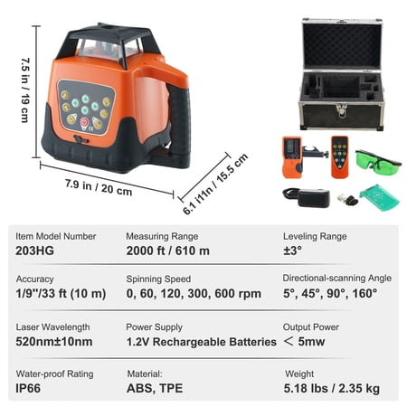 Laser Level, 2000ft, 360 Degree Self Leveling Green Cross Line Laser, 5 Rotation Speeds & 4 Scanning Angles Adjustment, IP66 Waterproof Remote Control Manual Self-leveling Mode, Battery Included