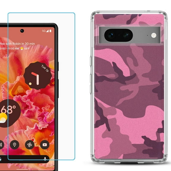 Slim-Fit Gel TPU Phone Case for Google Pixel 7, with Tempered Glass Screen Protector, by OneToughShield ® - Camo Pink