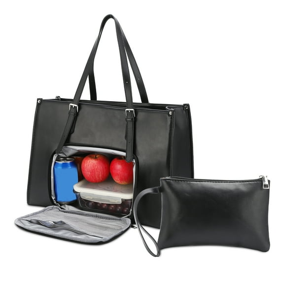16.5 Inch Lunch Tote Bag with Insulated Leakproof Compartment & Coin Purse, PU Leather Waterproof Laptop Work Bag, Laptop Bag with Insulated Lunch Compartment, Quilted Large Capacity Computer Handbag