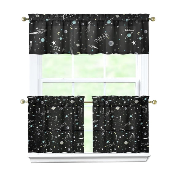 Kitchen Curtains 24 Inch Short - 3 Panel Set, Rod Pocket Window Curtain, 100% Polyester for Farmhouse, Cafe, Kitchen, Living Room, Bedroom, Galaxy & Space-Themed Design, Easy Wash