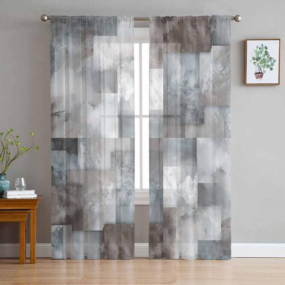 Grey Blue Sheer Curtains 63 Inches Length 2 Panels Set, Window Sheer Curtains for Living Room/Bedroom, Abstract Gradient Brown Color Blocks Geometric Light Filter Rod Pocket Curtain 52'' x 63'' x 2