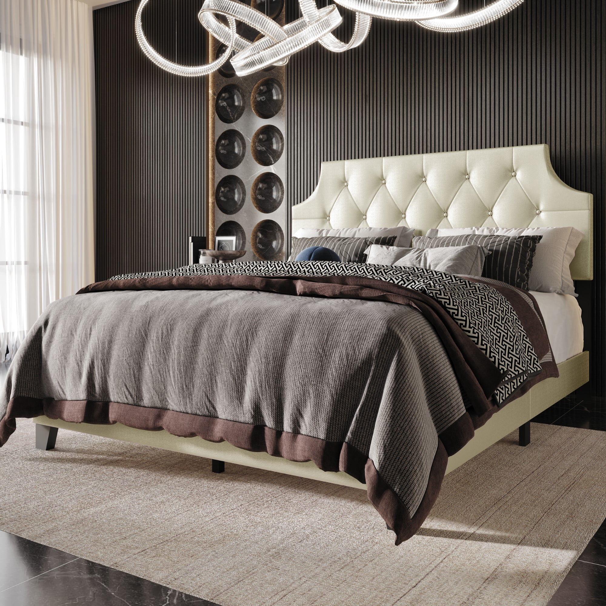 Home Design Mexico Queen Tufted Upholstered Platform Bed with Scooped Headboard and Padded Surface, Champagne, Easy Assembly