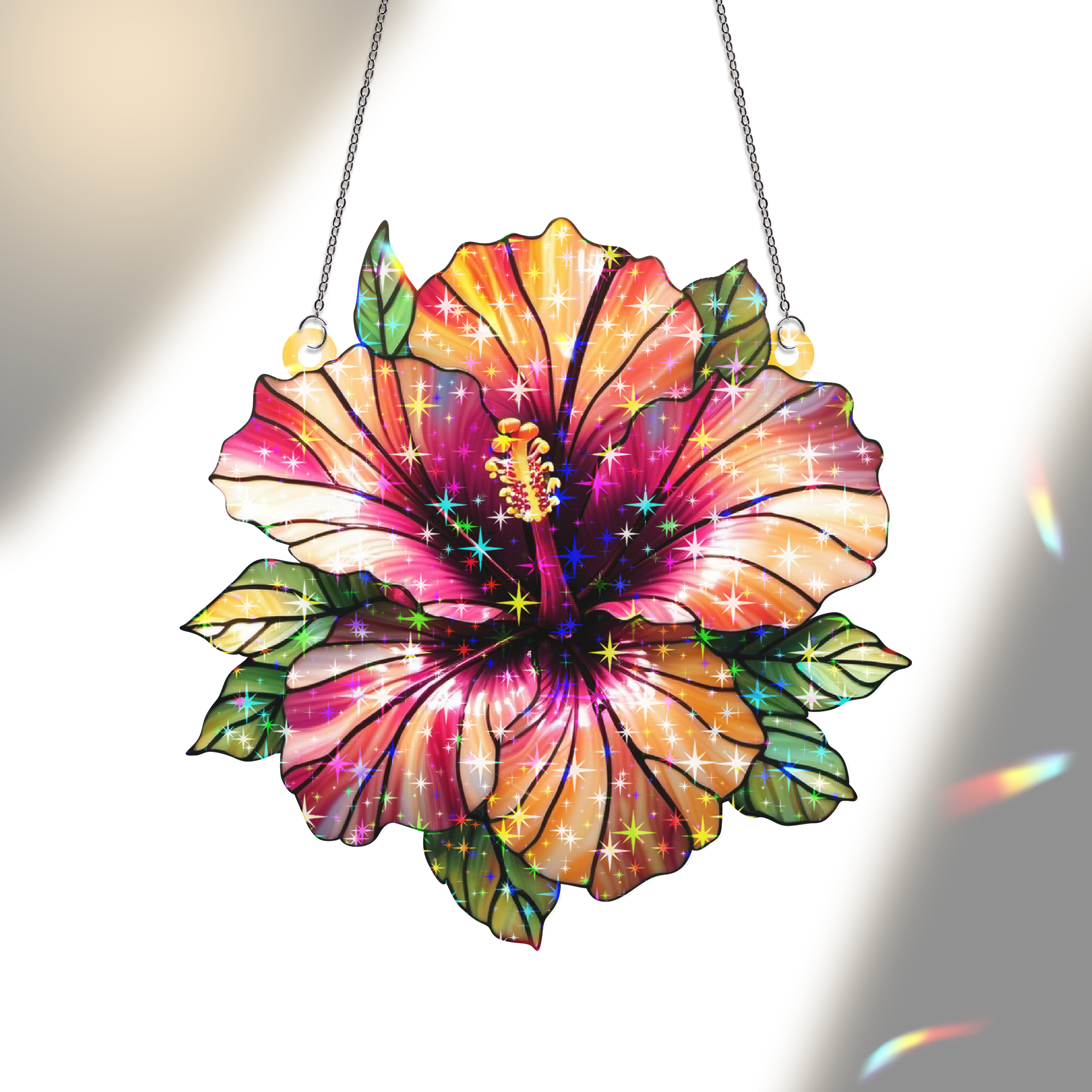 89Bloom Hibiscus Stained Glass Hologram Ornament, Stained Glass Suncatcher Ornaments Home Decor, Flower Holographic Ornaments