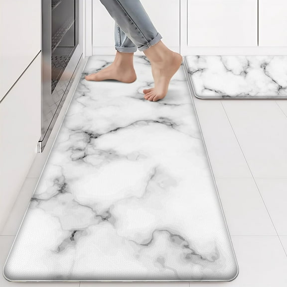 Anti Fatigue Kitchen Mat for Floor Set of 2 White and Black Marble Comfort Mats Cushioned Non Slip Waterproof Kitchen Rugs Standing Kitchen Mats for Floor House Sink Office