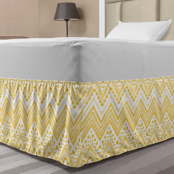 Yellow Chevron Bed Skirt, Hand Drawn Aztec Pattern Motif with Dashed Lines, Elastic Bedskirt Dust Ruffle Wrap Around for Bedding Decor, 4 Sizes, Mustard White, by Ambesonne