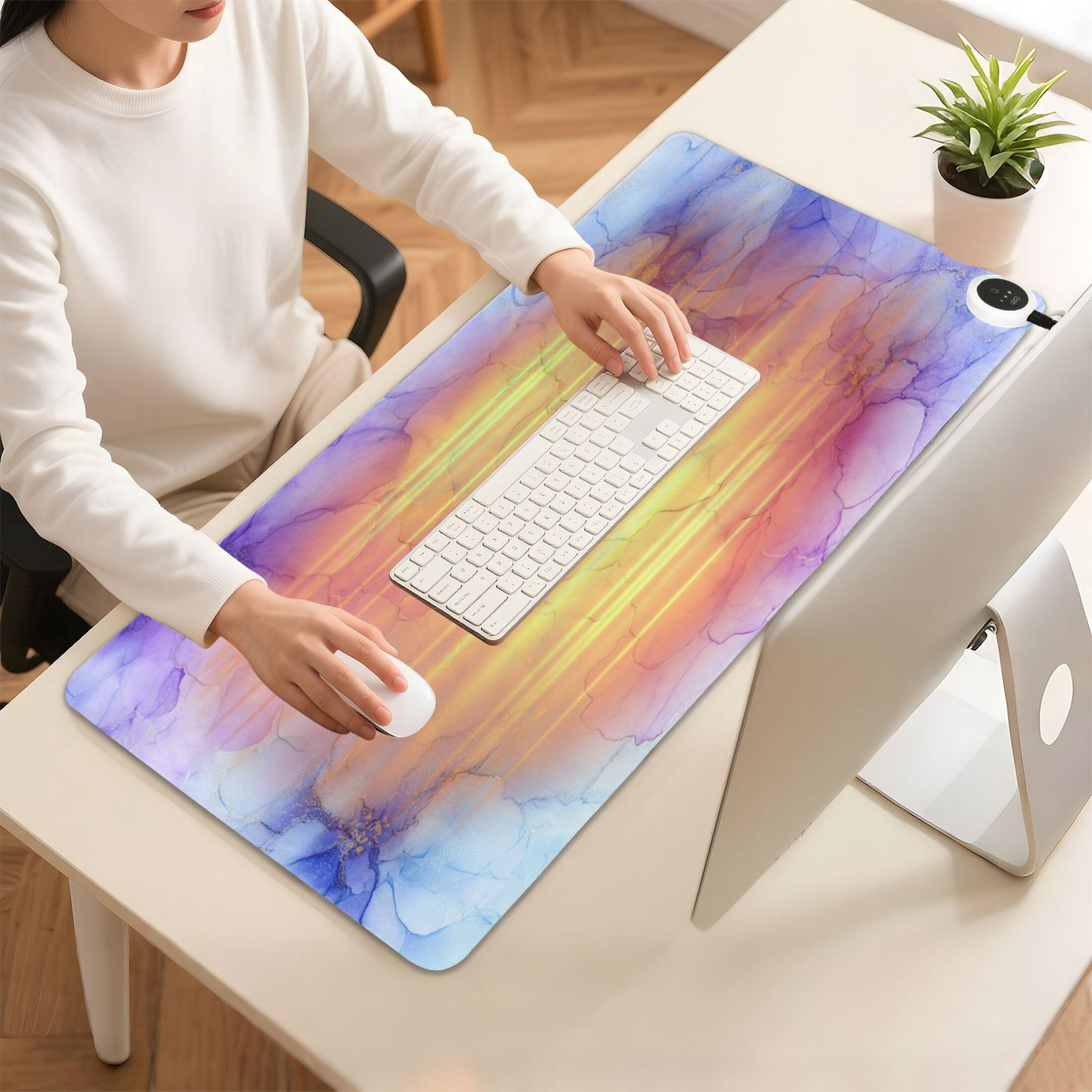 Large Heated Desk Mat Mouse Pad 31.5"x13"PU Leather Graphene Heating Desk Warmer with 3 Temperature Settings 110V US Plug Non-Slip Warm Pad for Home, Office, and Gaming Translucent Floral Ink Design