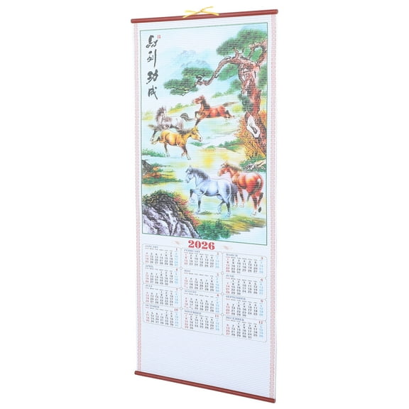 WRITWAA 2026 Horse Zodiac Wall Scroll Calendar Faux Rattan Hanging Lunar Year Decoration
