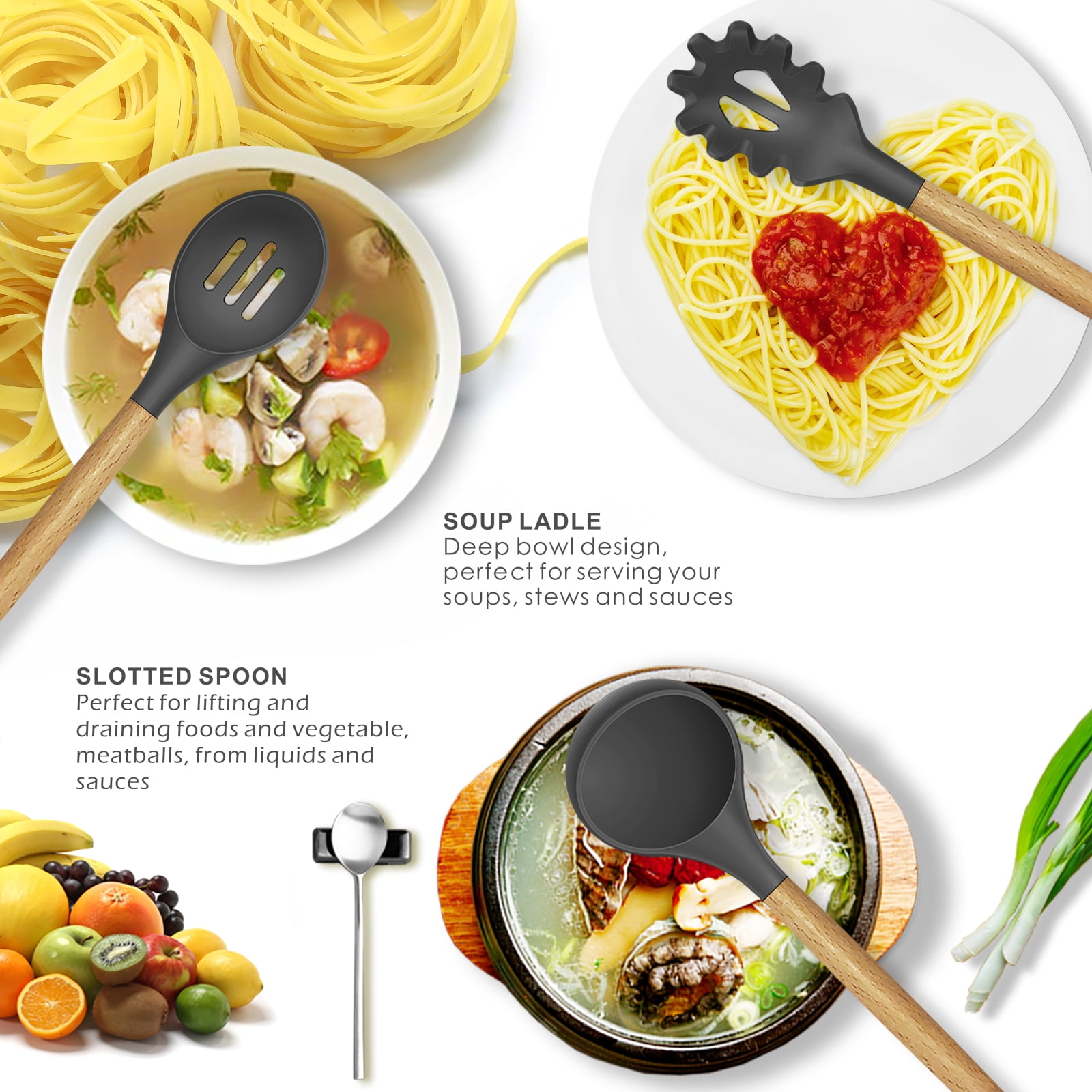 oannao Silicone Cooking Utensils Set - 446°F Heat Resistant Silicone Kitchen Utensils for Cooking,Kitchen Utensil Spatula Set w Wooden Handles,Holder, BPA FREE Gadgets for Non-Stick Cookware (Grey)