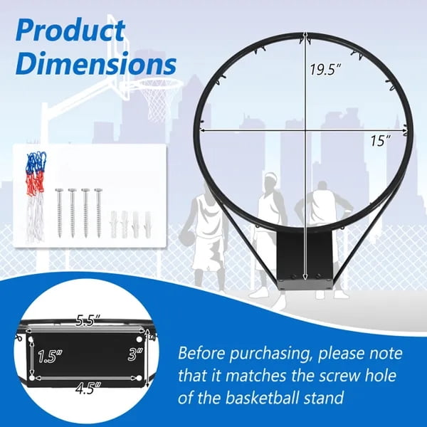 19.5"×16"×3" 15 Inch Basketball Rim Replacement, Heavy Duty Metal Hoop with All Weather Net & Mounting Hardware for Indoor Outdoor