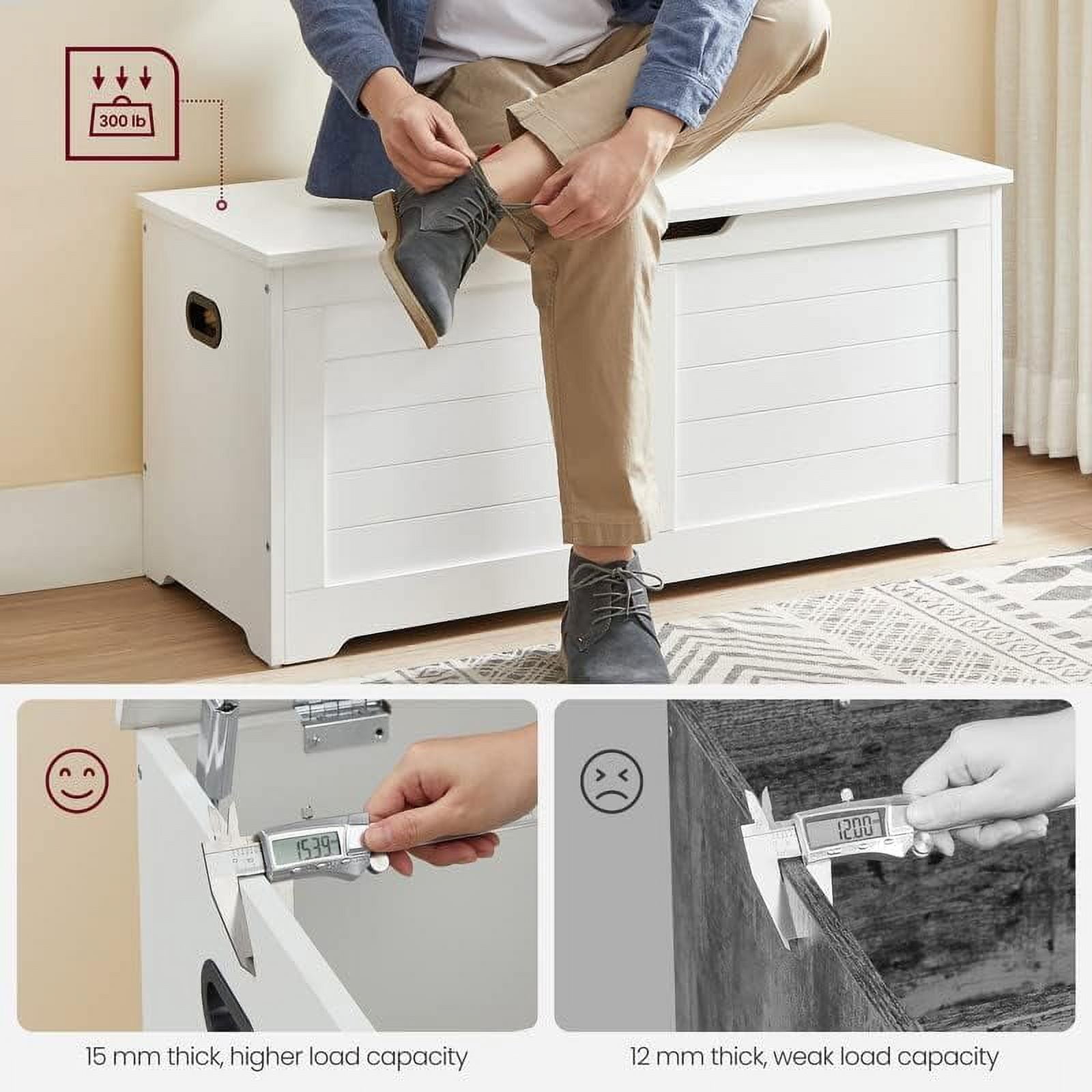 Storage Chest, Storage Trunk with 2 Safety Hinges, Organizer Bench for Entryway, 15.7 x 39.4 x 18.1 Inches, White