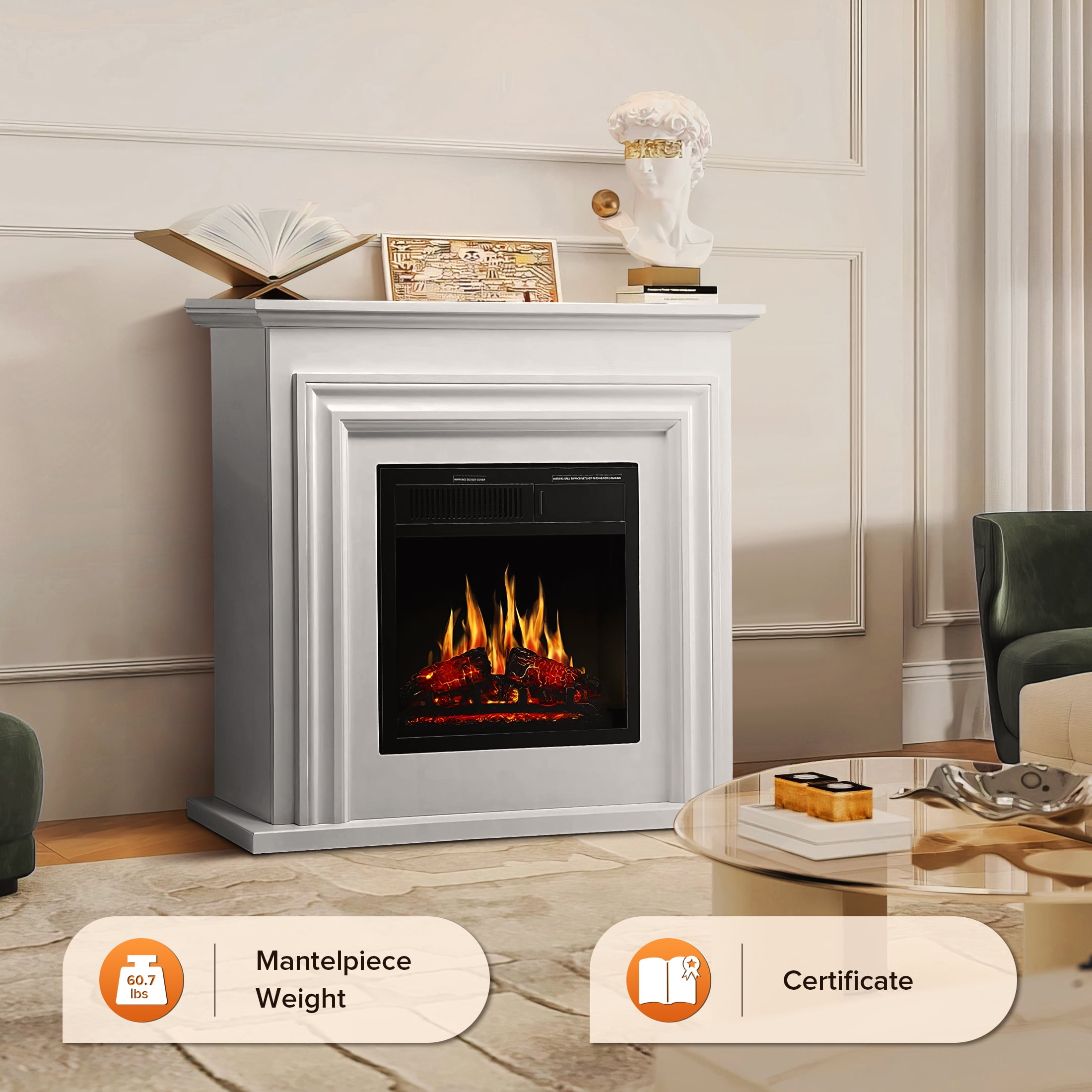 KISSAIR Electric Fireplace Mantel Wooden Surround Firebox, Free Standing Fireplace, with Remote Control, Adjustable LED Flame, 750W/1500W -Pearl White
