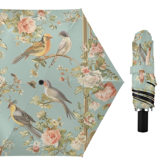 Birds Flowers Frame Compact Sun Umbrella Windproof Travel Umbrellas for Rain Strong Portable UV Protection