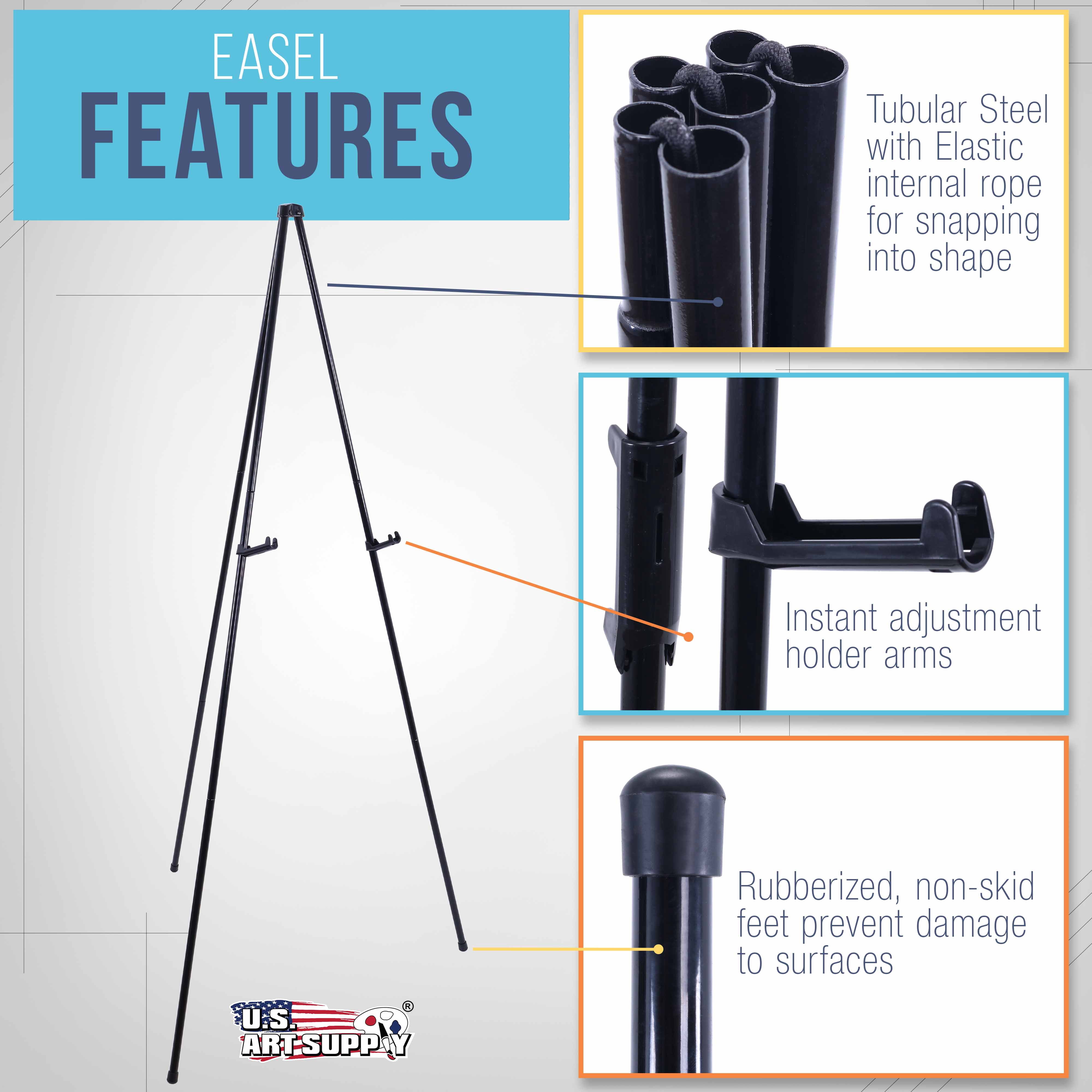 U.S. Art Supply 63" High Heavy Duty Steel Easy Folding Display Easel (6 Pack), Adjustable Height Holder, Portable Tripod