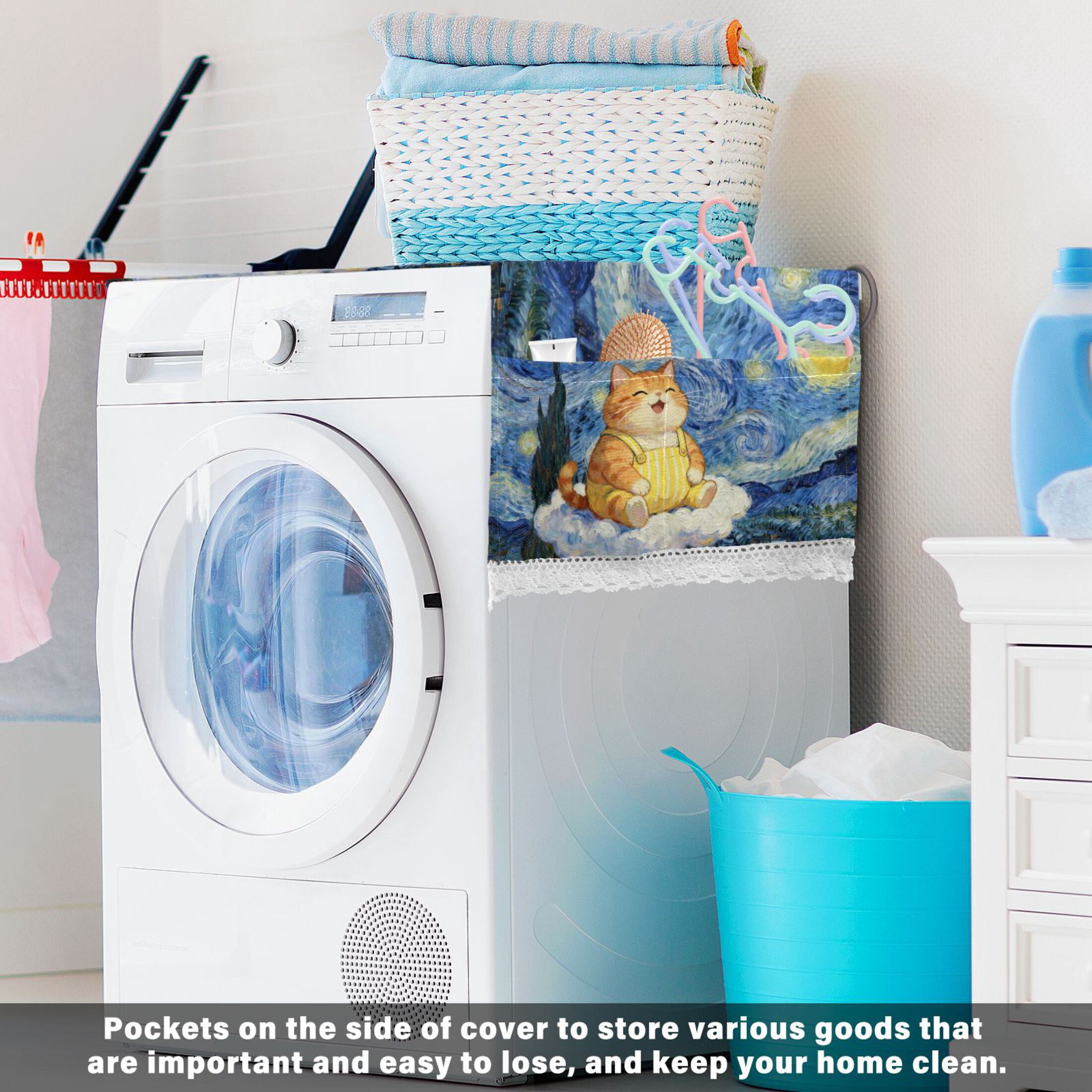 Wobogo Starry Sky Plump Cat Washing Machine Cover Dustproof Washer Dryer Cover Waterproof Laundry Room Decorative Protector