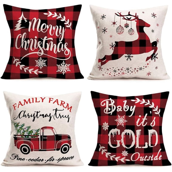 Merry Christmas Farmhouse Decorative Pillow Covers 18x18 Inch Set of 4 Black Red Buffalo Plaids Truck Xmas Trees Reindeer Snowflake Winter Holiday Throw Pillow Cases Cotton Linen Pillow Shams